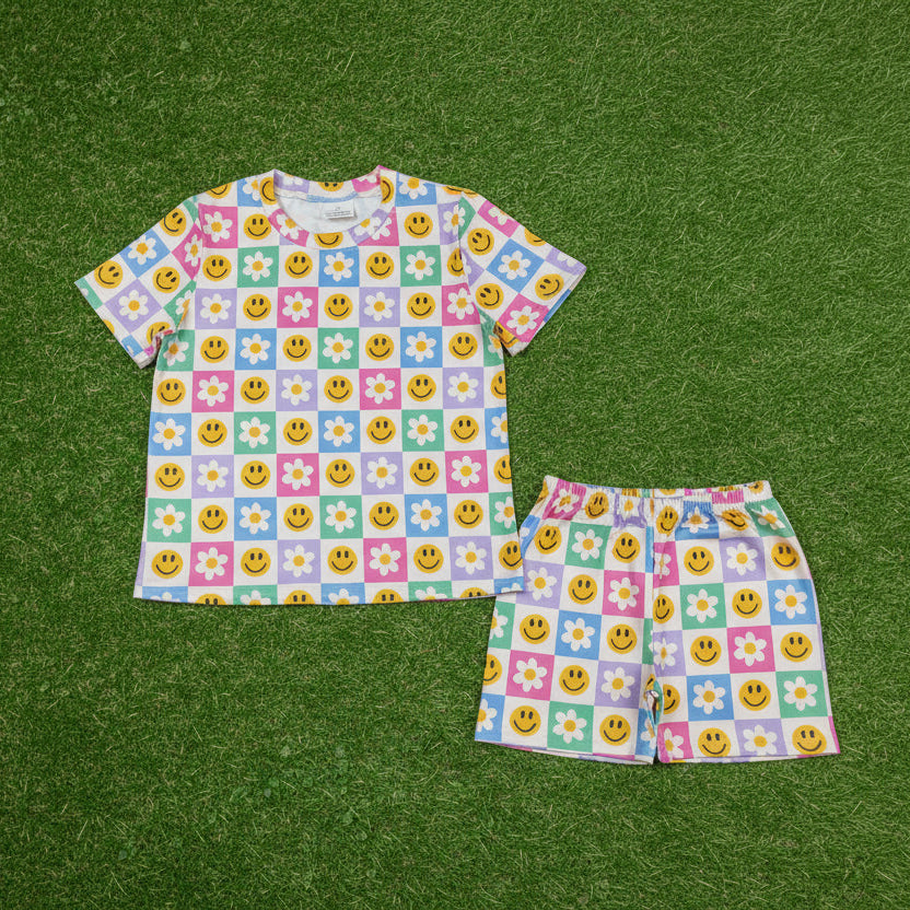 checkered smiley floral shorts set