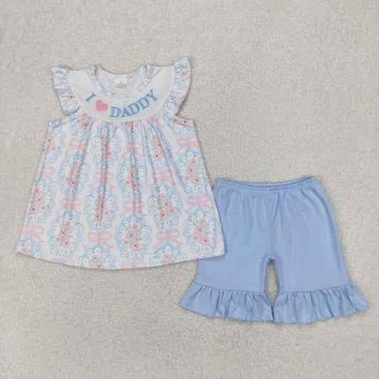 i love daddy embroidered floral ruffle shorts set