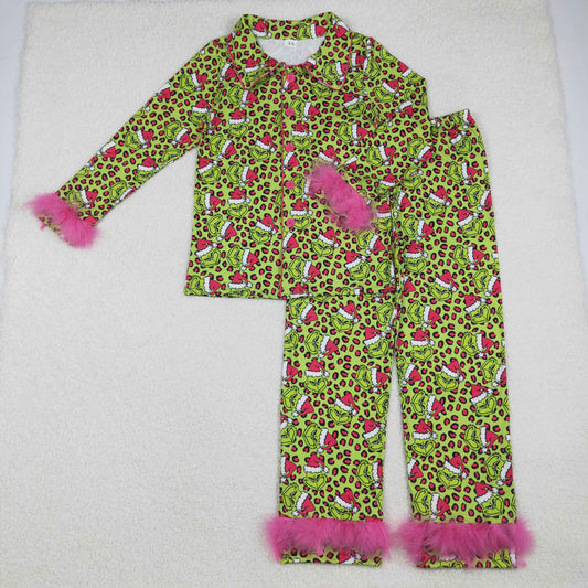 green leopard gri*ch Christmas women button pajama set