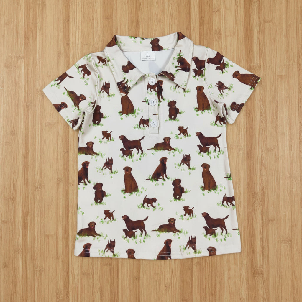 dog print button up polo t-shirt summer boys top