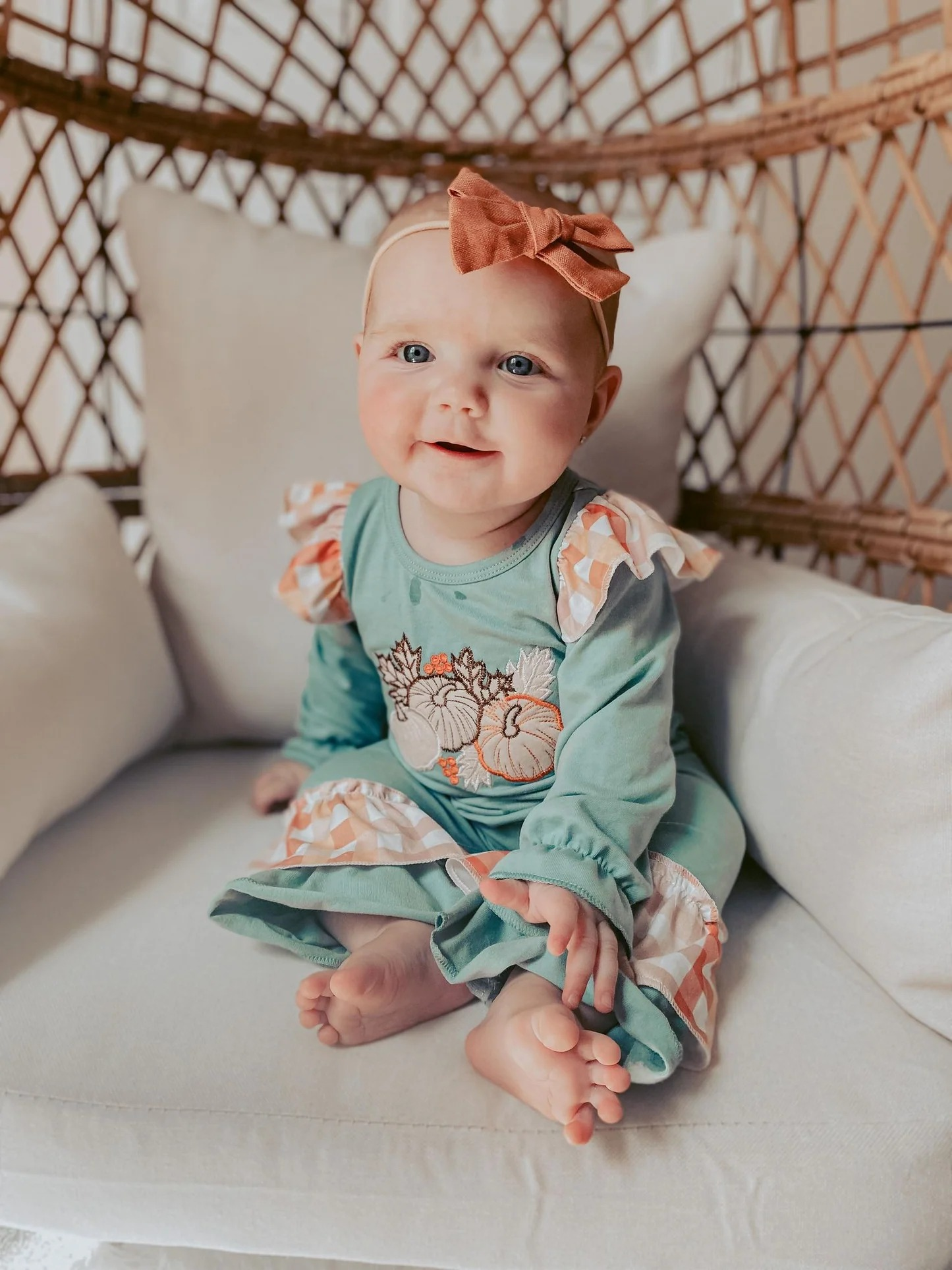 kids fall pumpkin embroidery ruffle romper for baby girl