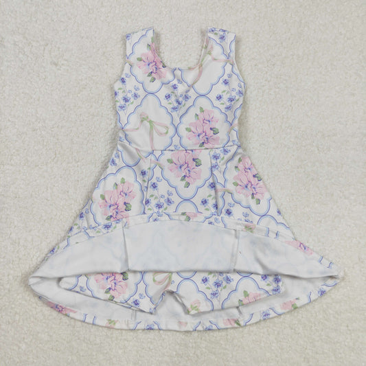 kids yoga pink blue flower and bow one piece activewear athletic skort dress
