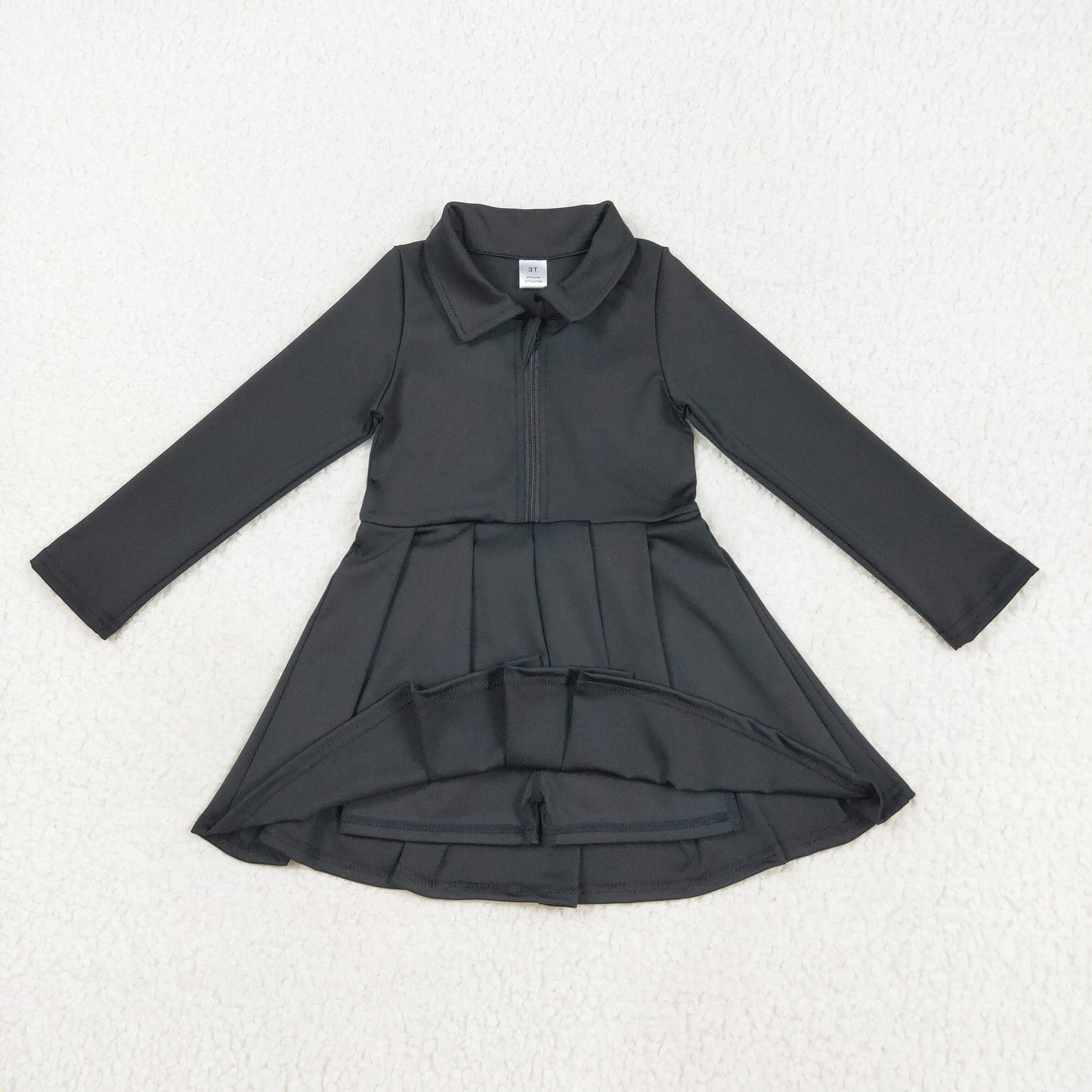 Long sleeves black zipper pleated polo dress