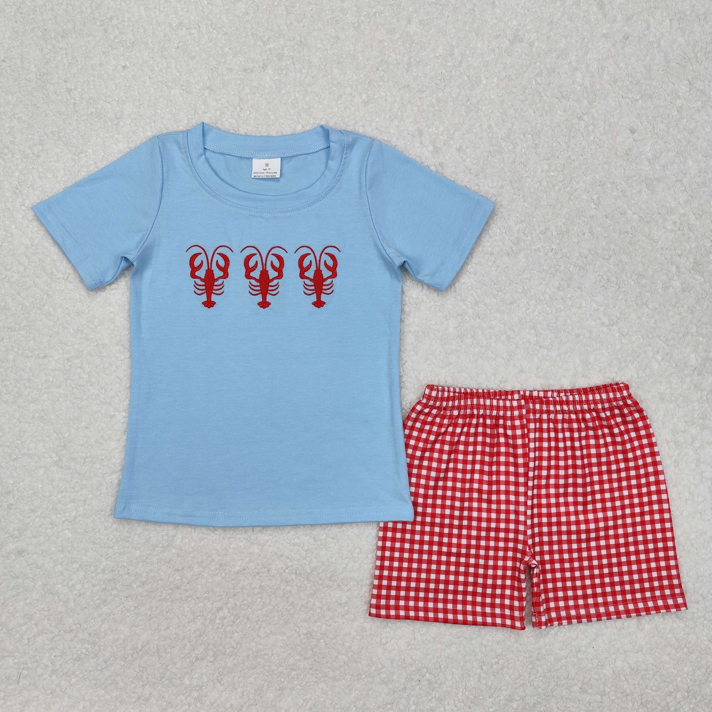 blue red crawfish embroidery baby boy shorts set