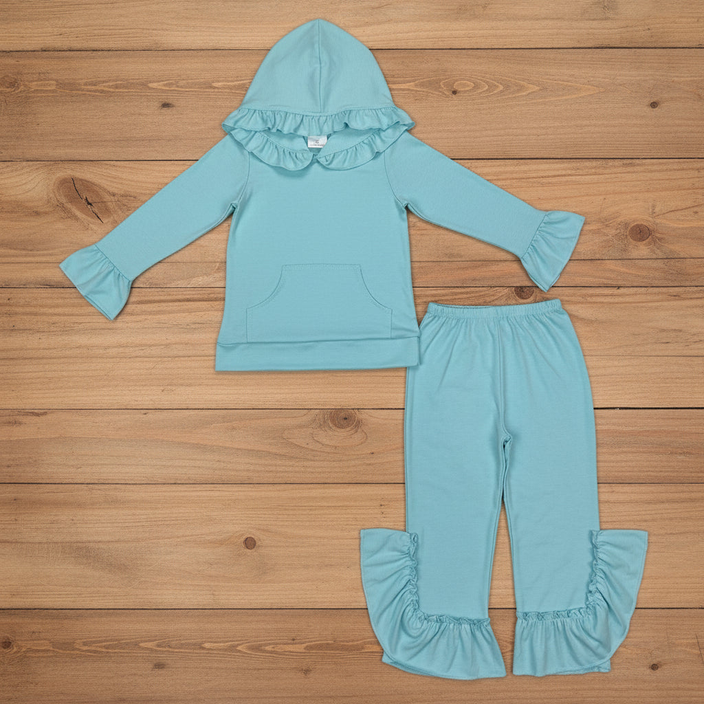 solid blue cotton ruffle hoodie pants outfit girl’s clothing