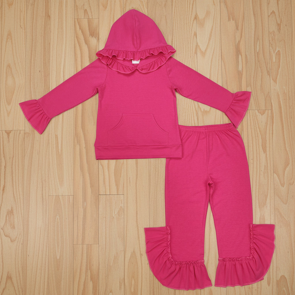solid hot pink cotton ruffle hoodie pants outfit girl’s clothing
