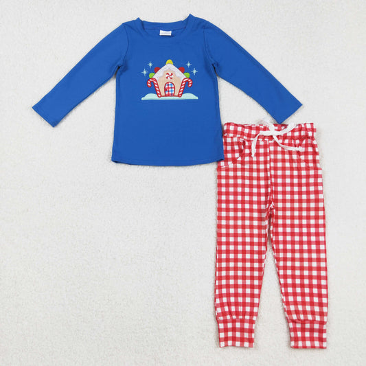 blue gingerbread house embroidery boy jogger outfit