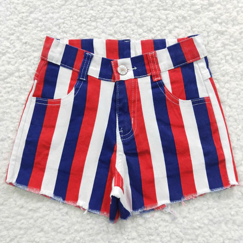 SS0082 USA Warehouse Red White Blue Stripe 4th of July Girl Denim Shorts