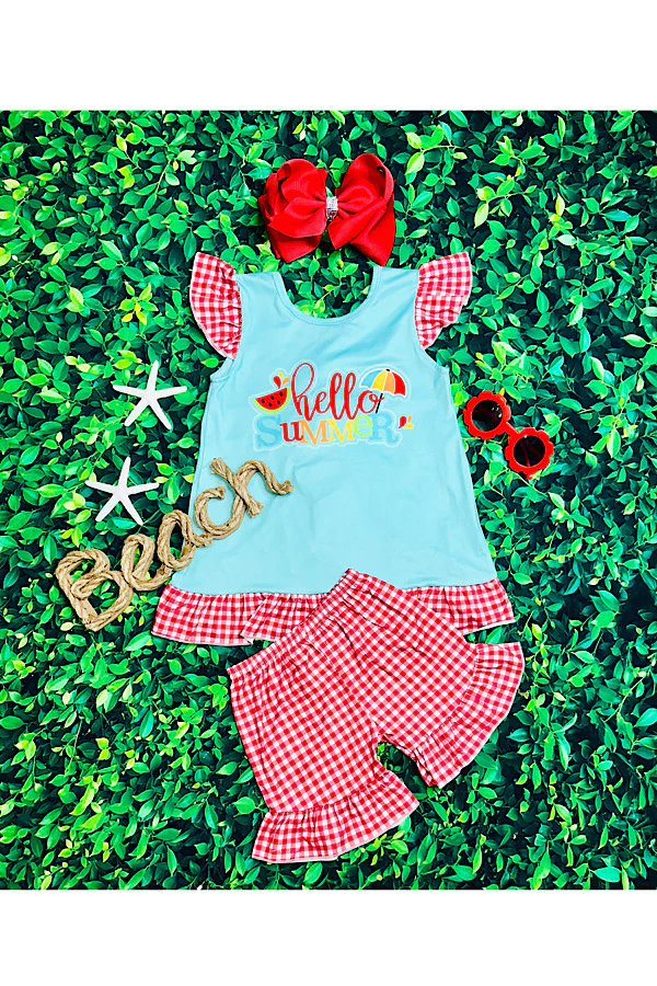 "HELLO SUMMER" aqua & red checkers 2pc ruffle set