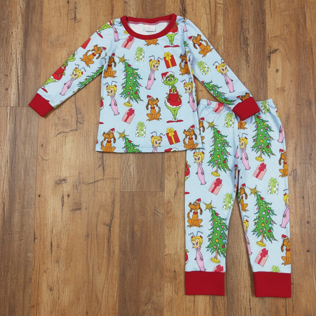 blue Christmas gift trees gri*ch pajama boy lounge set