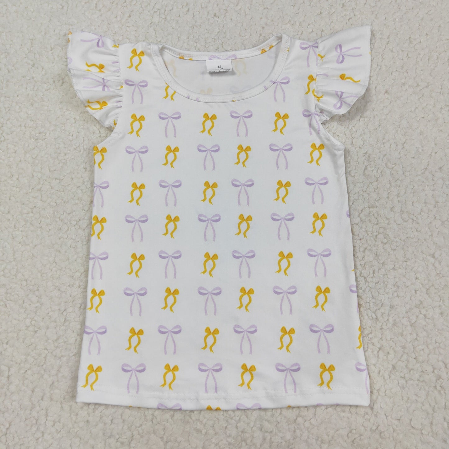 gold purple bow print flutter sleeve tee