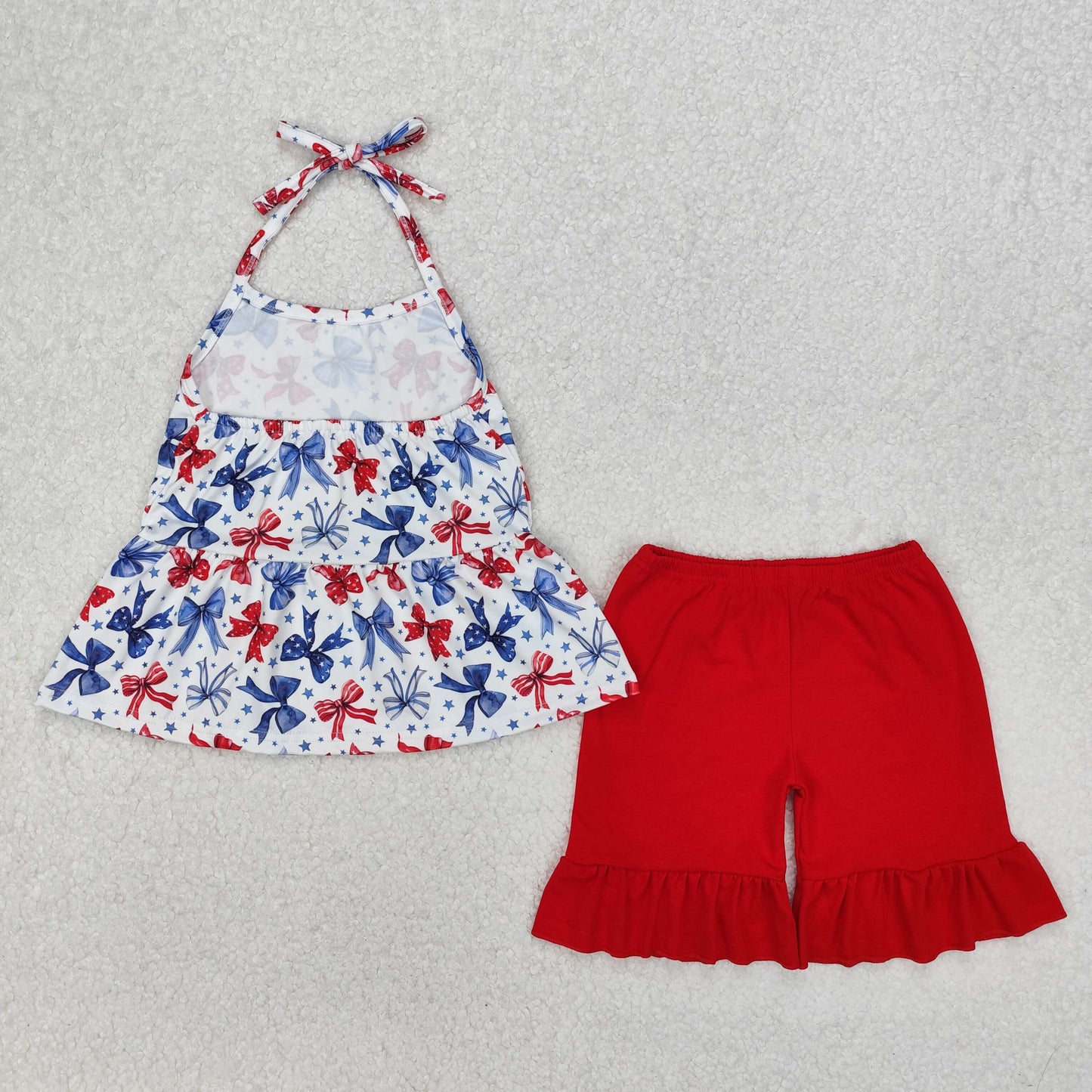 halter red white blue bow ruffle shorts set 4th of july girl clothing