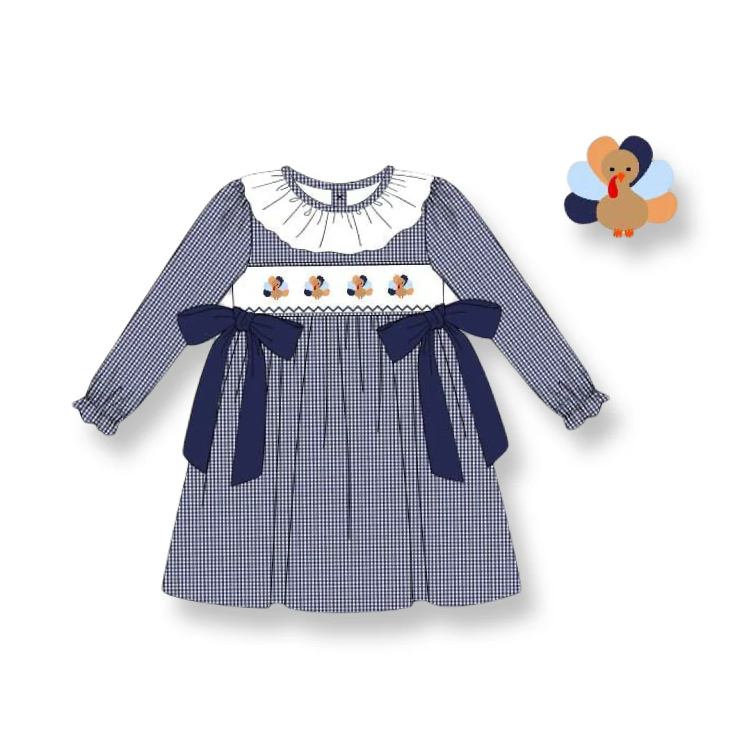 TAT 6 weeks MOQ 3 girls navy gingham turkey dress