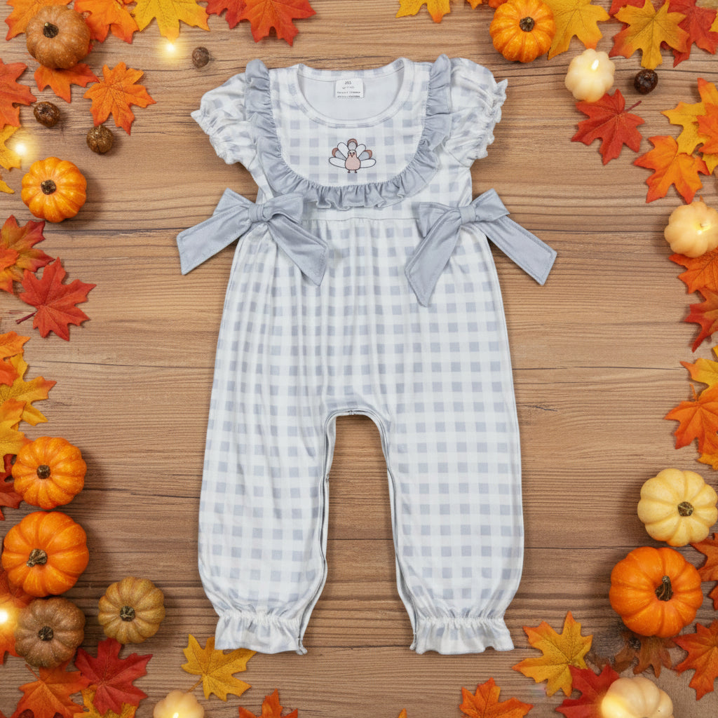 short sleeve gray gingham turkey print romper