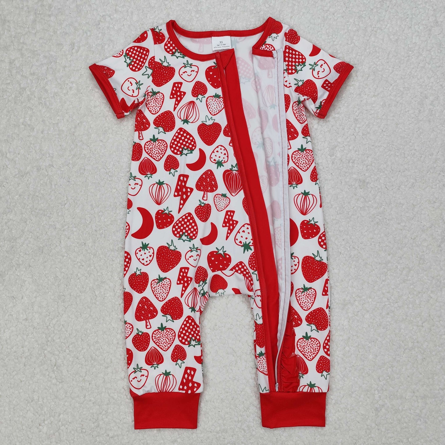 short sleeve red strawberry ruffle baby girl zip sleeper