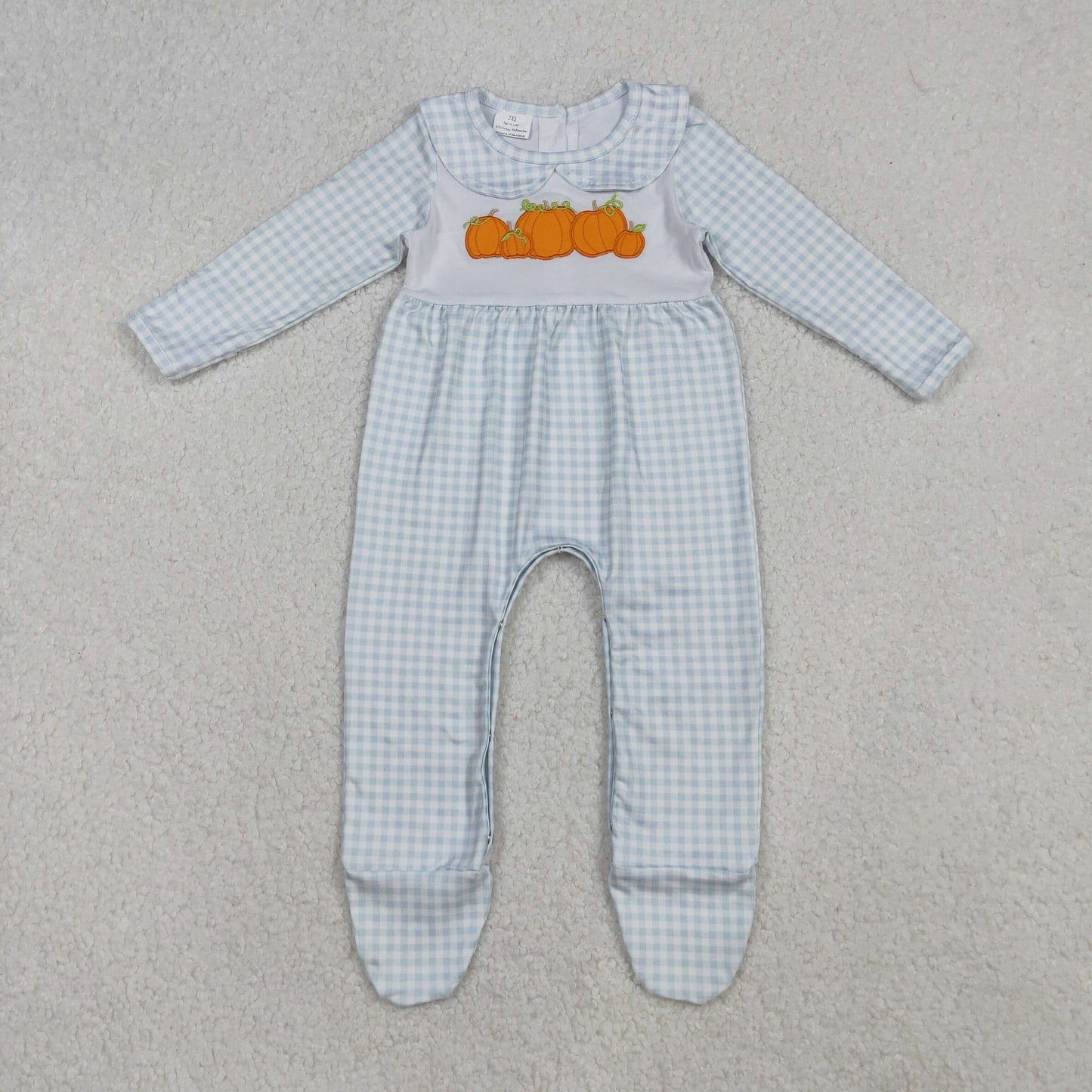 blue ginghan pumpkin embroidery footie romper fall infant girl clothes