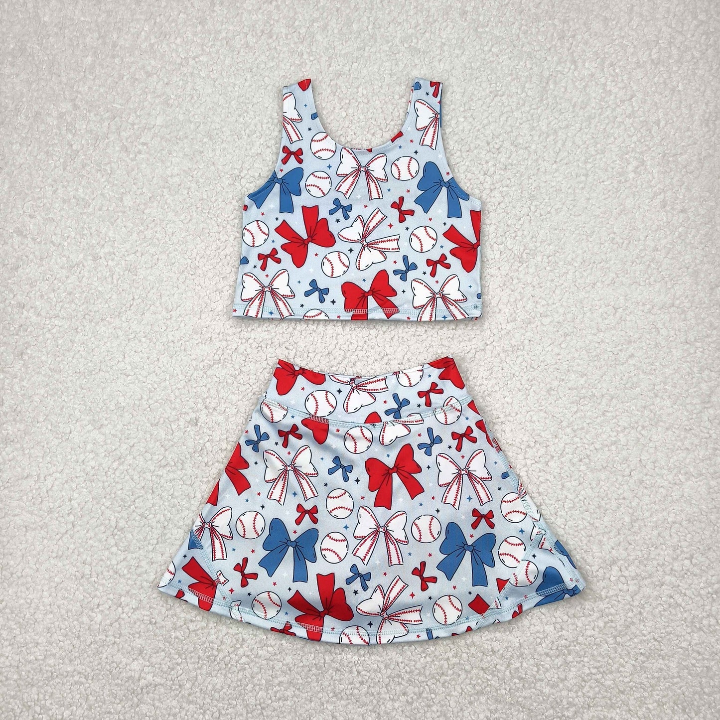 red white blue bow baseball two pieces athletic skort dress set