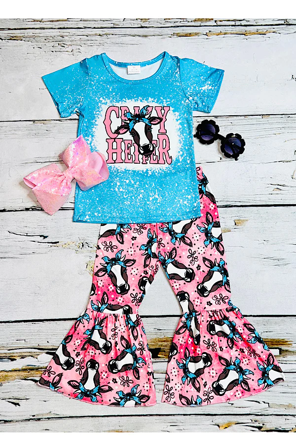 "CRAZY HEIFER" blue & pink cows 2 pc short sleeve set