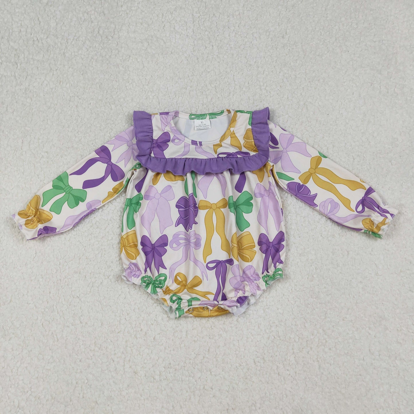 purple green gold coquette mardi gras baby girl romper