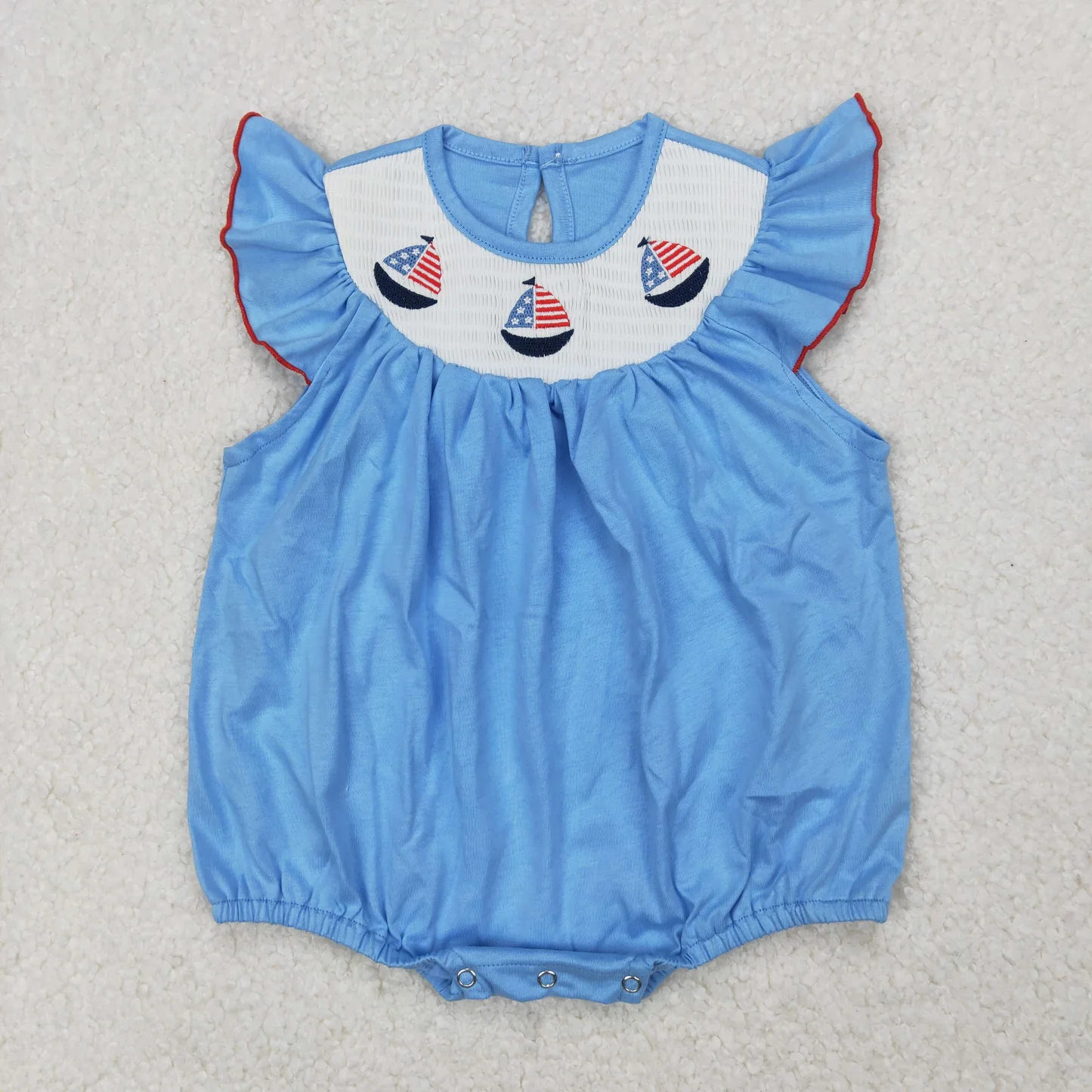 Sailboat Flag Embroidery Blue Color Sibling 4th of July Smocked Matching Clothes