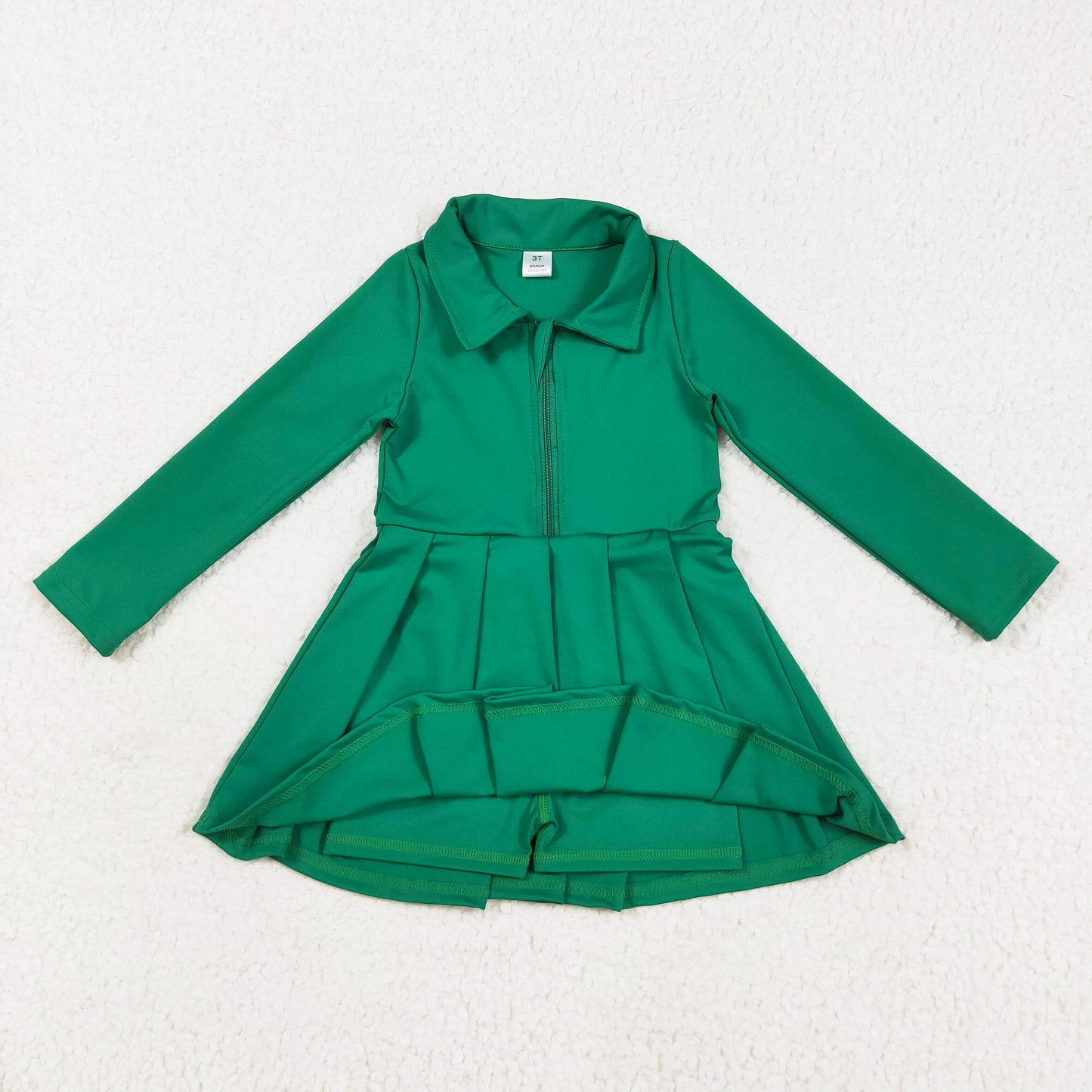 Long sleeves green zipper pleated polo dress