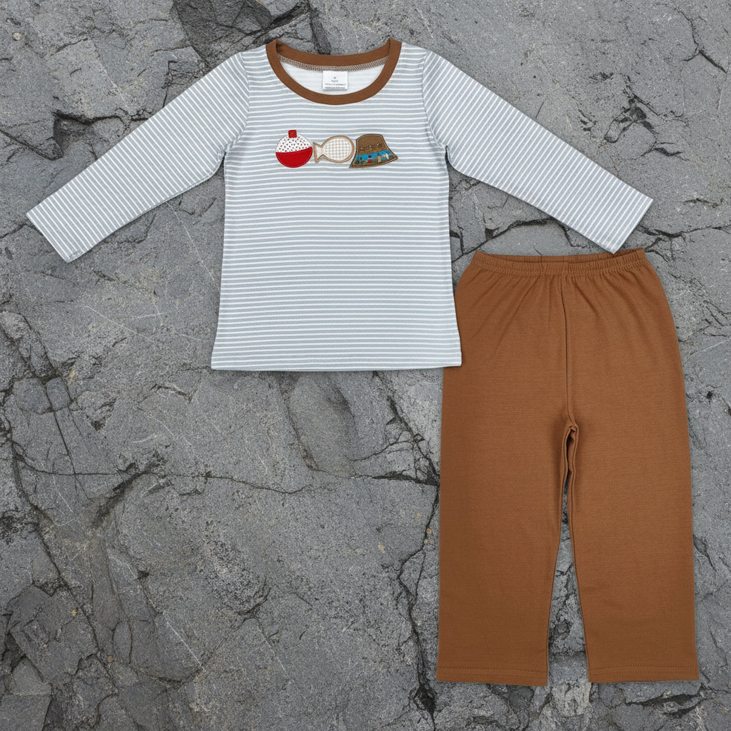 gone fishing embroidered boy pants set