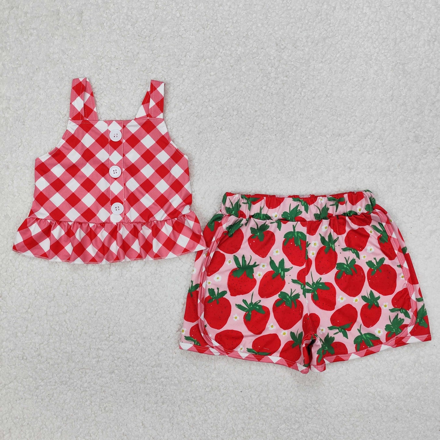 red plaid crop top strawberry shorts set