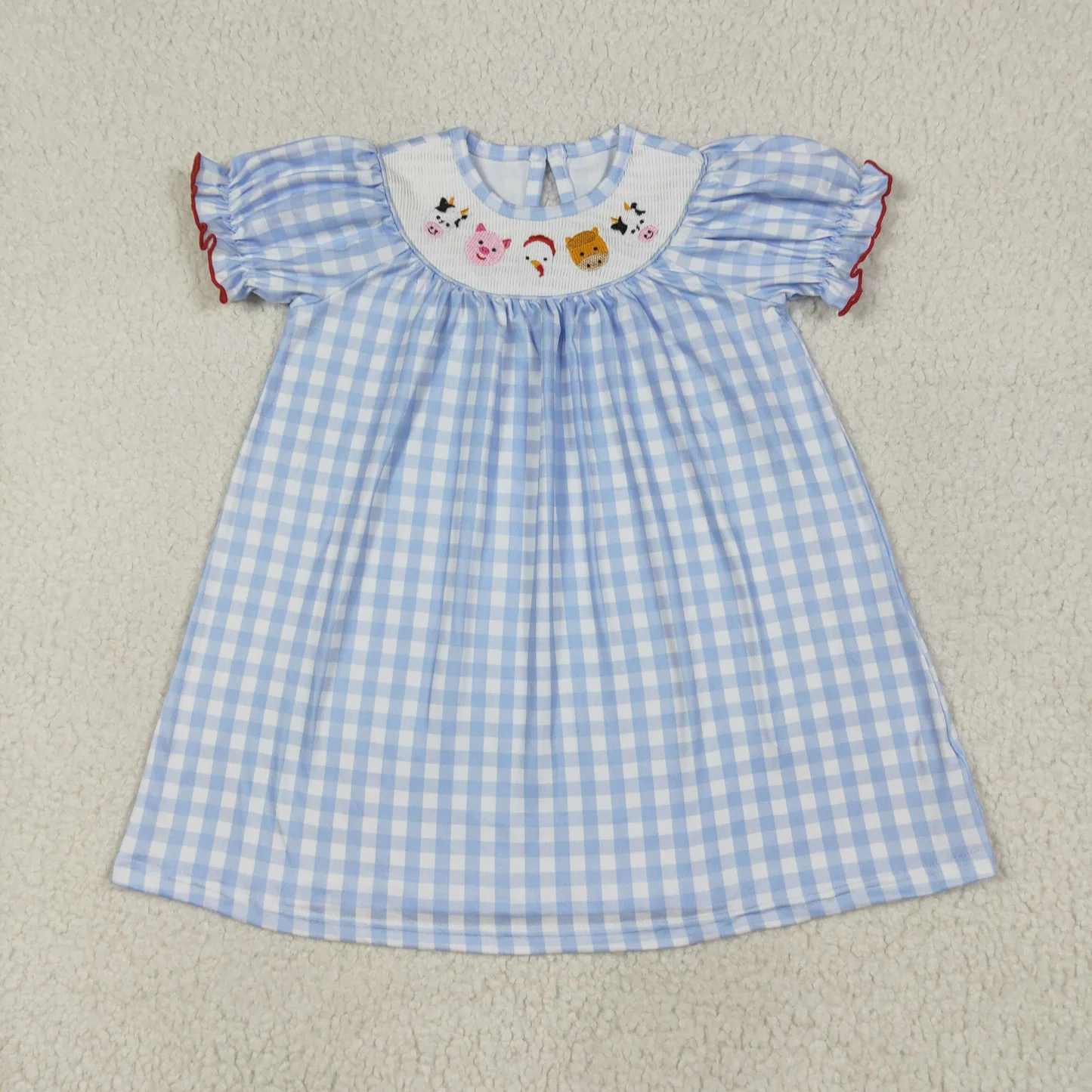 blue plaid farm animal smock dress