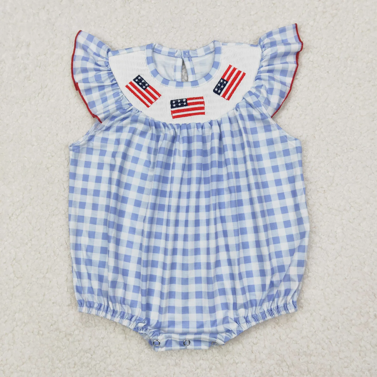 Flag Embroidery Blue Plaid Sibling 4th of July Smocked Matching Clothes