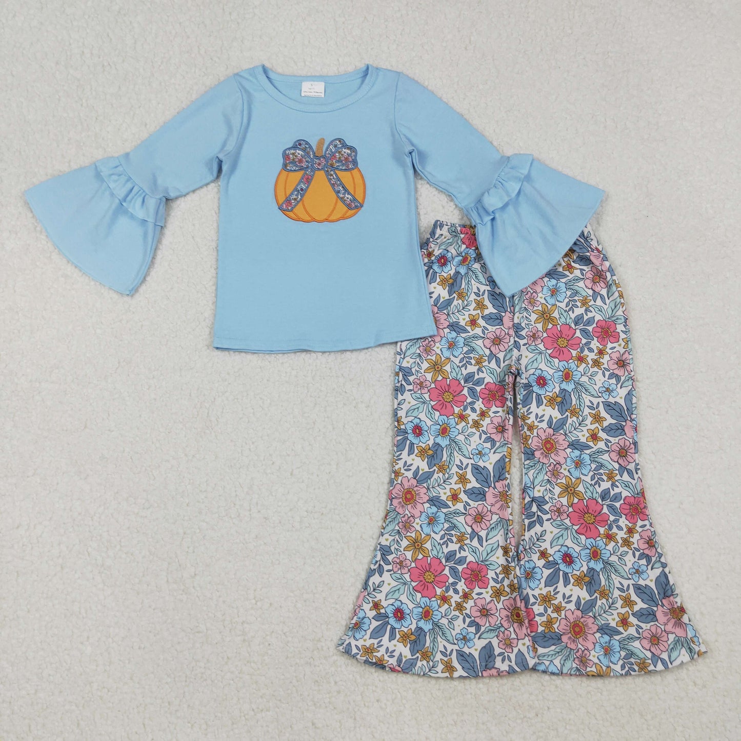 blue bow pumpkin embroidery floral belle set fall toddler girl outfit
