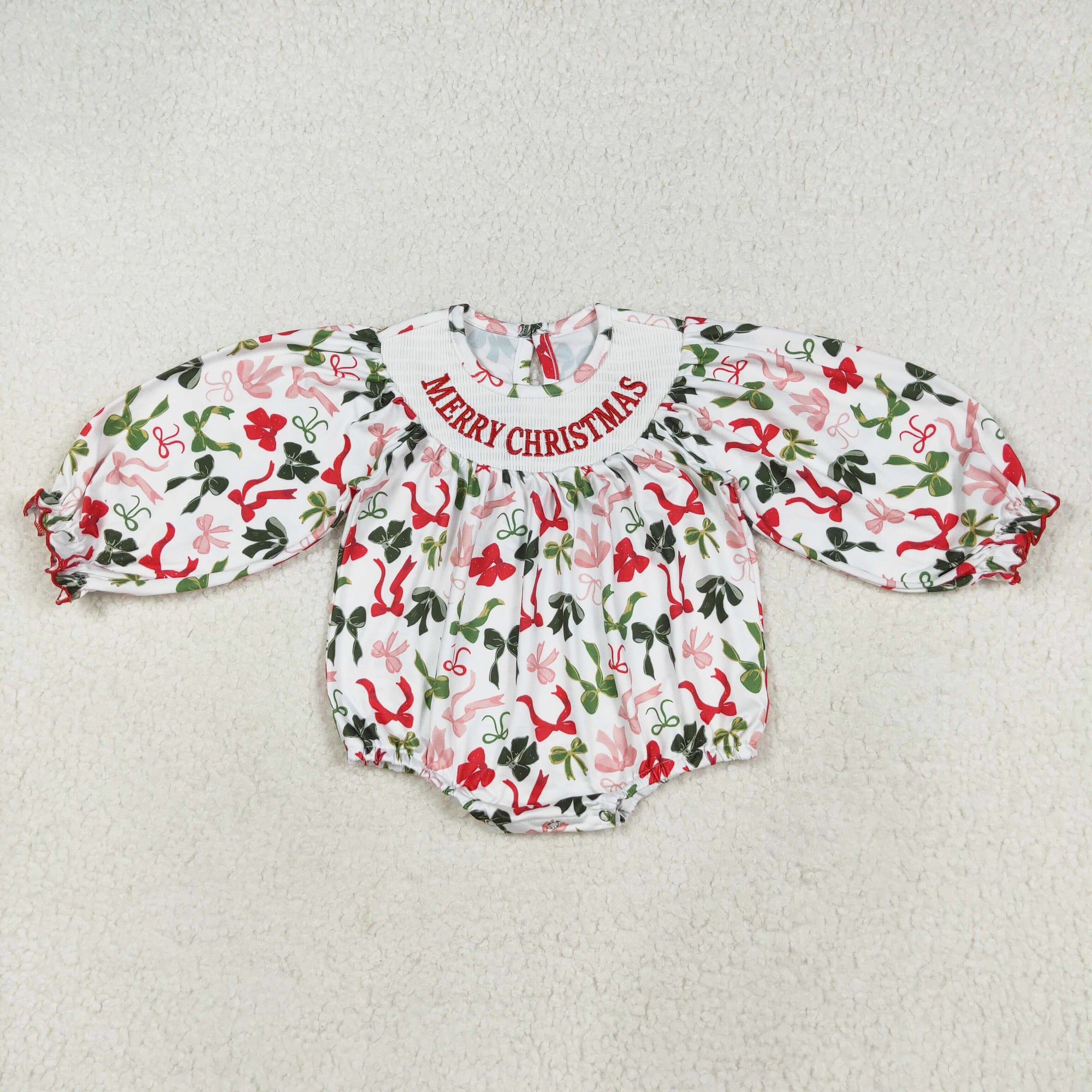 merry christmas red green bow embroidery smock bubble