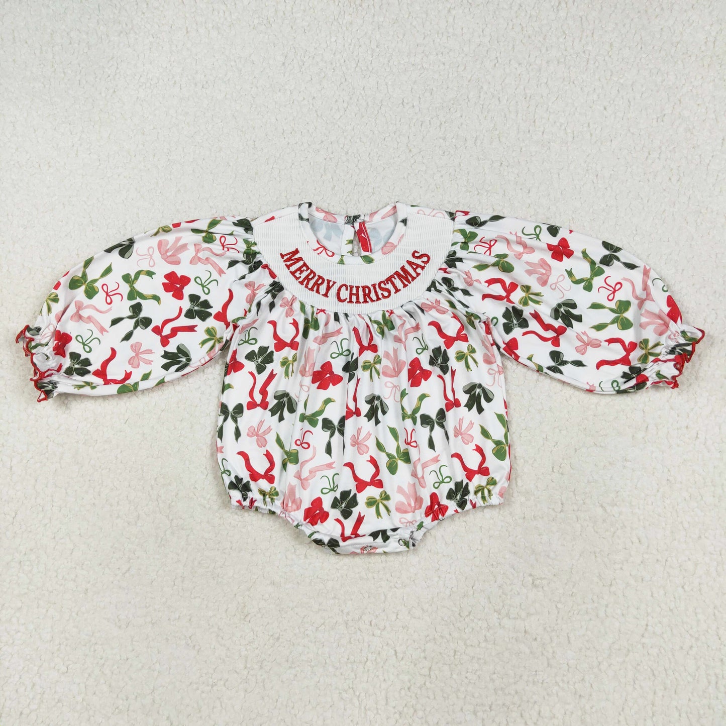 MERRY CHRISTMAS Embroidery Red Green Bows Sisters Smocked Matching Clothes