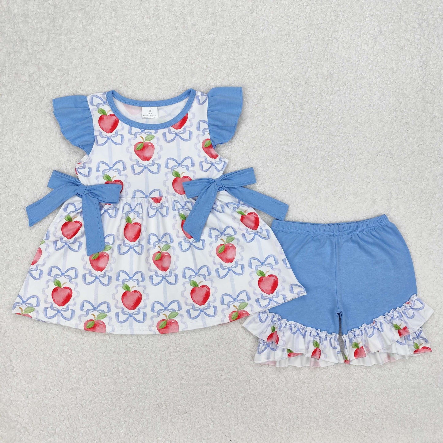 blue bow apple print set girls back to school outfit