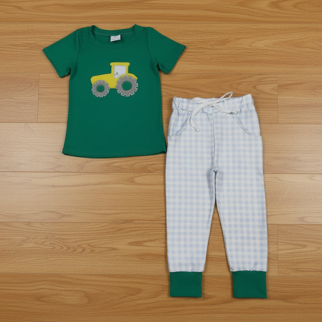 green tractor embroidery jogger set boys clothes set