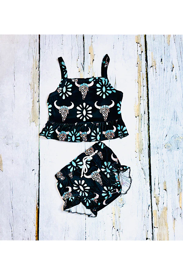 Leopard bull skulls & turquoise jewels sleeveless 2pc baby set