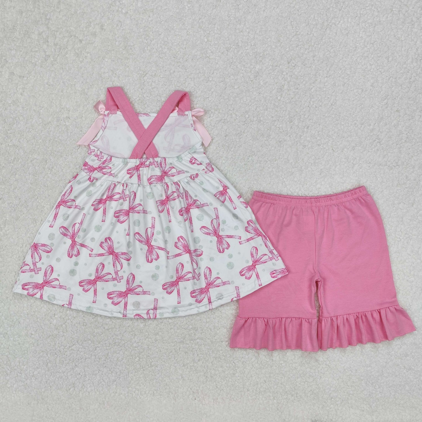 pink bow print strap shorts set