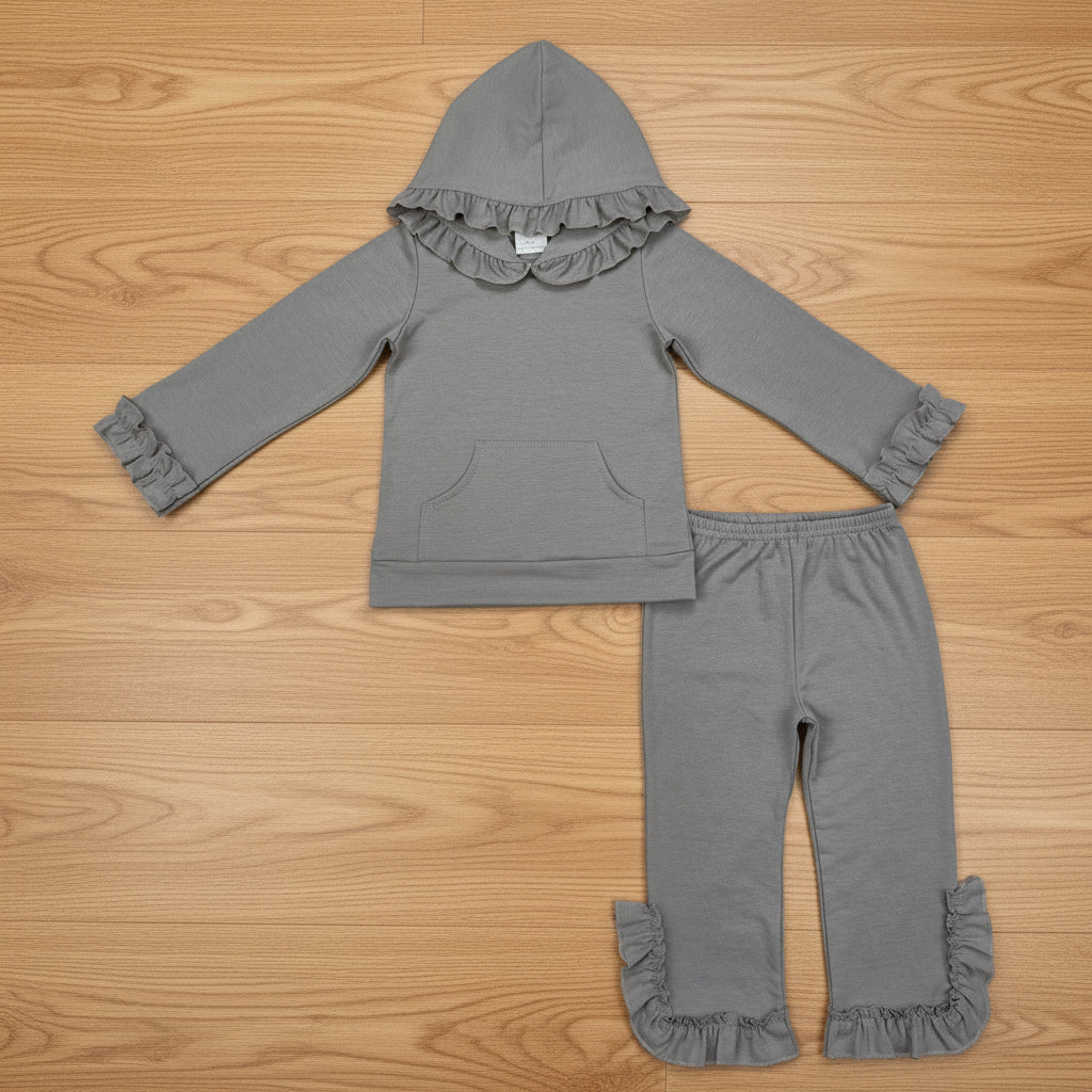 solid gray cotton ruffle hoodie pants outfit girl’s clothing