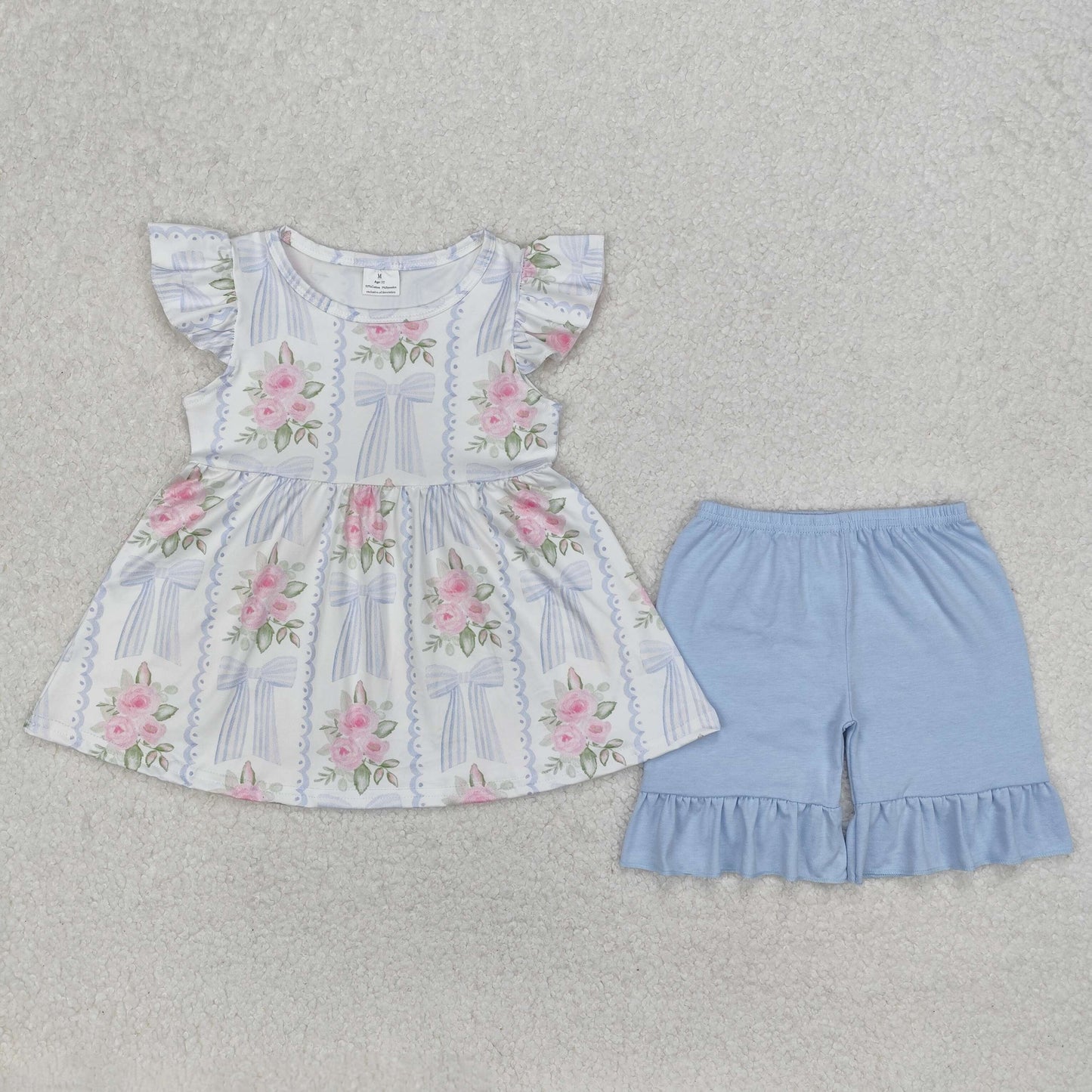 flower and coquette ruffle shorts set