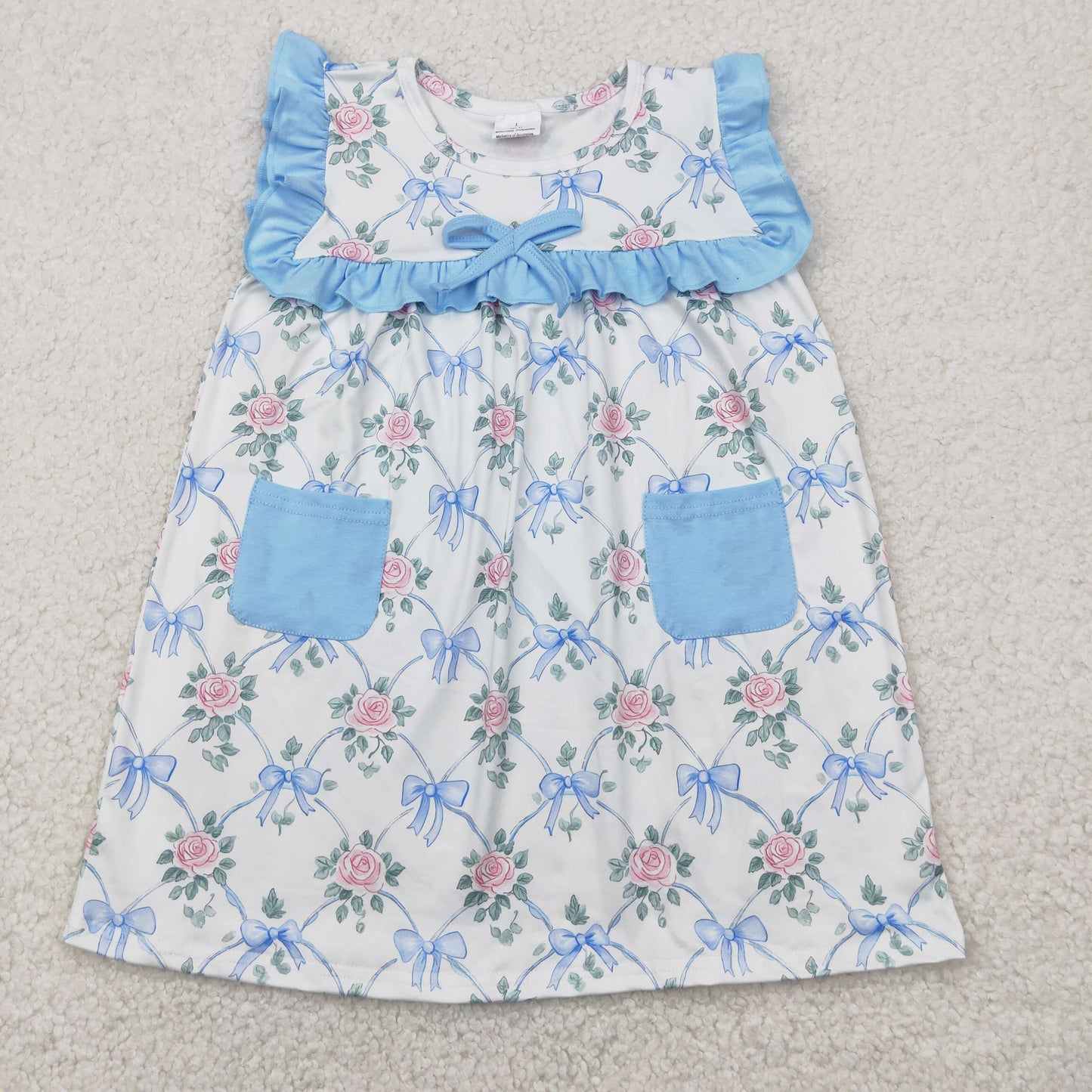 sleeveless blue bow flower pocket dress