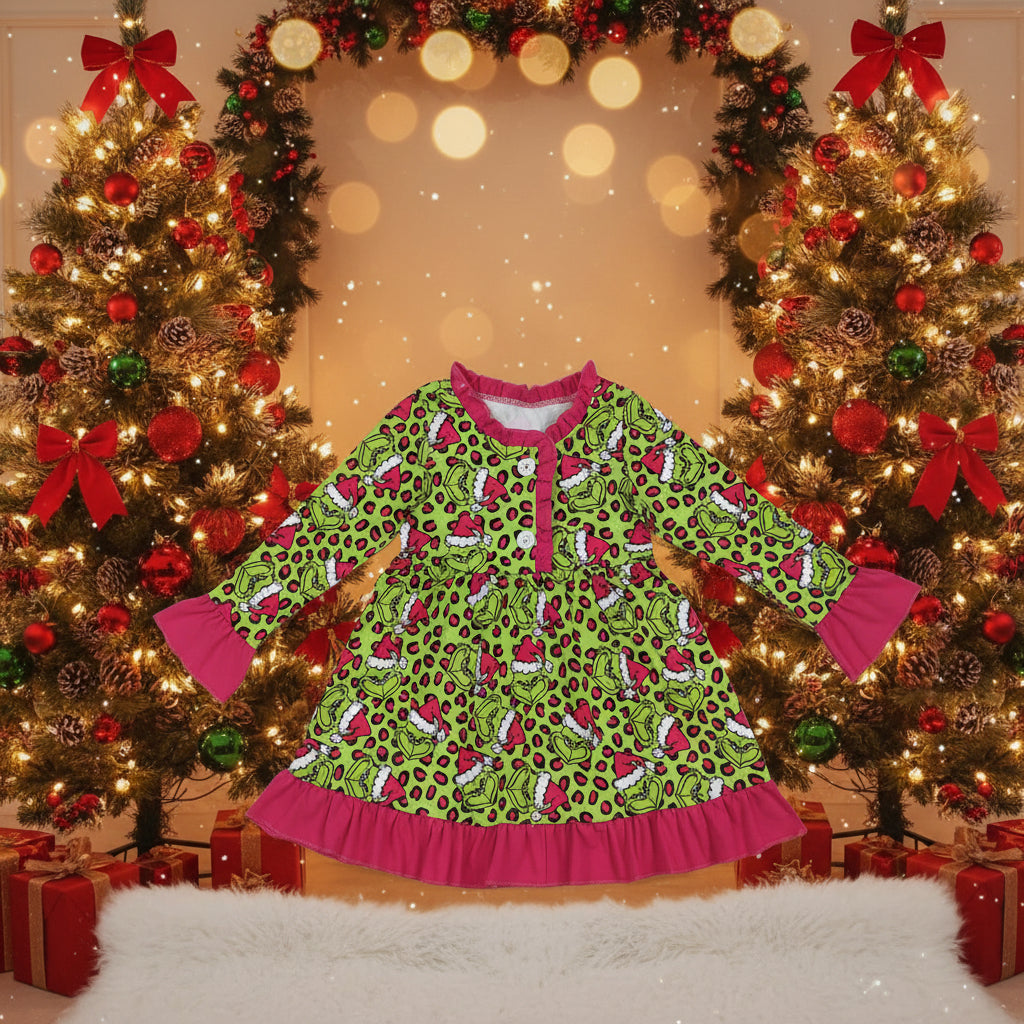 Christmas green leopard gri*ch ruffle nightgown