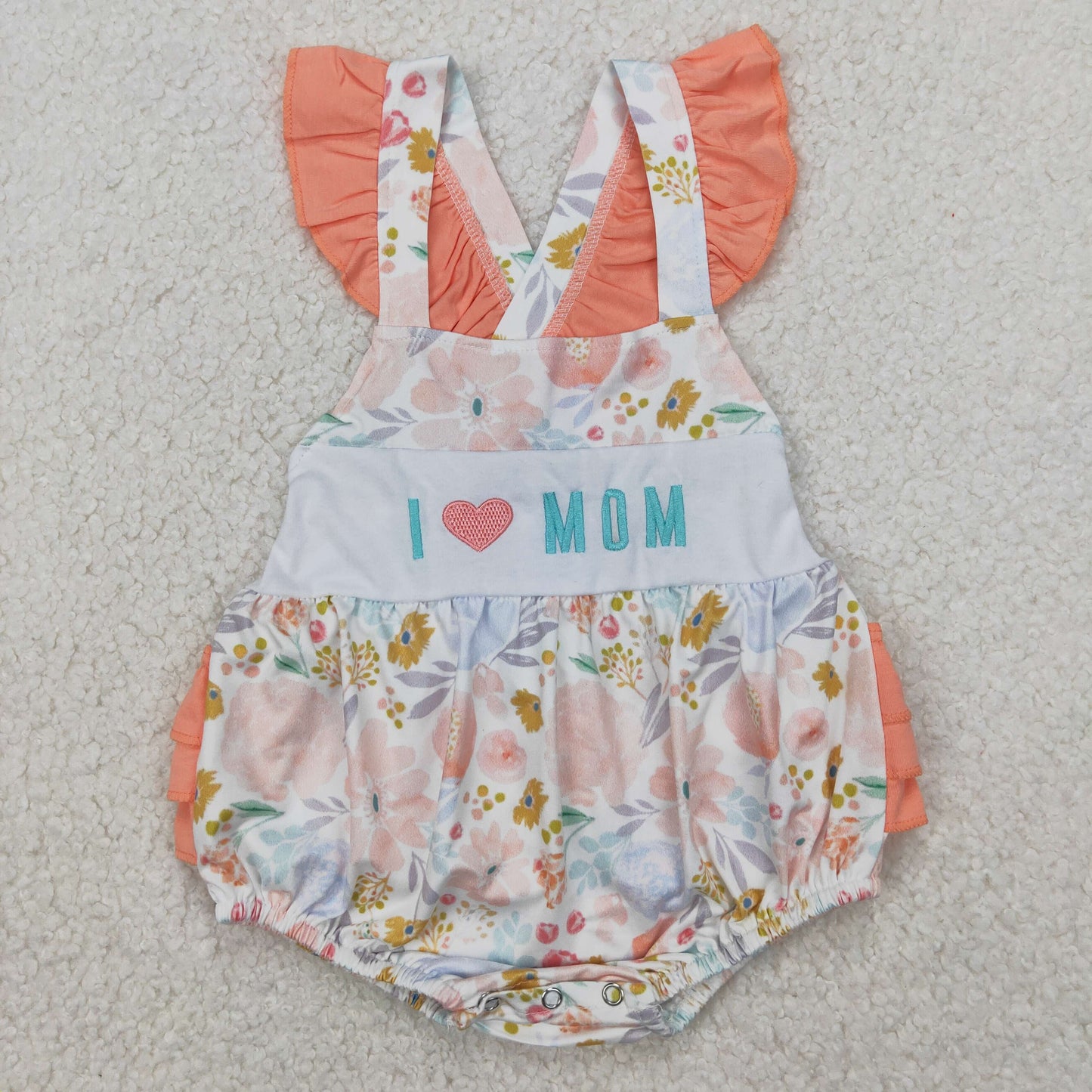 cross back ruffle floral i love mom embroidery romper