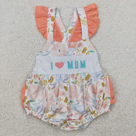 cross back ruffle floral i love mom embroidery romper