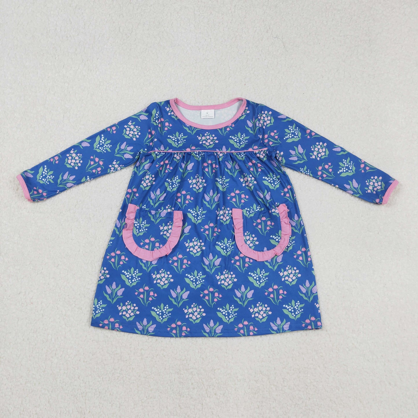 blue long sleeve floral dress with pocket