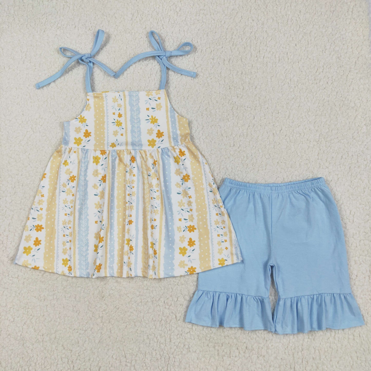 striped flower print suspender shorts set