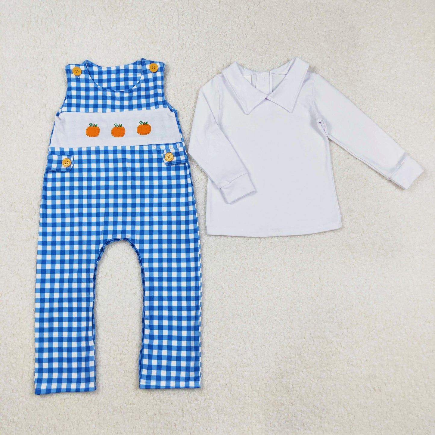 White Shirt Pumpkin Embroidery Blue Plaid Romper Baby Boys Fall 2 Pieces Clothes Set