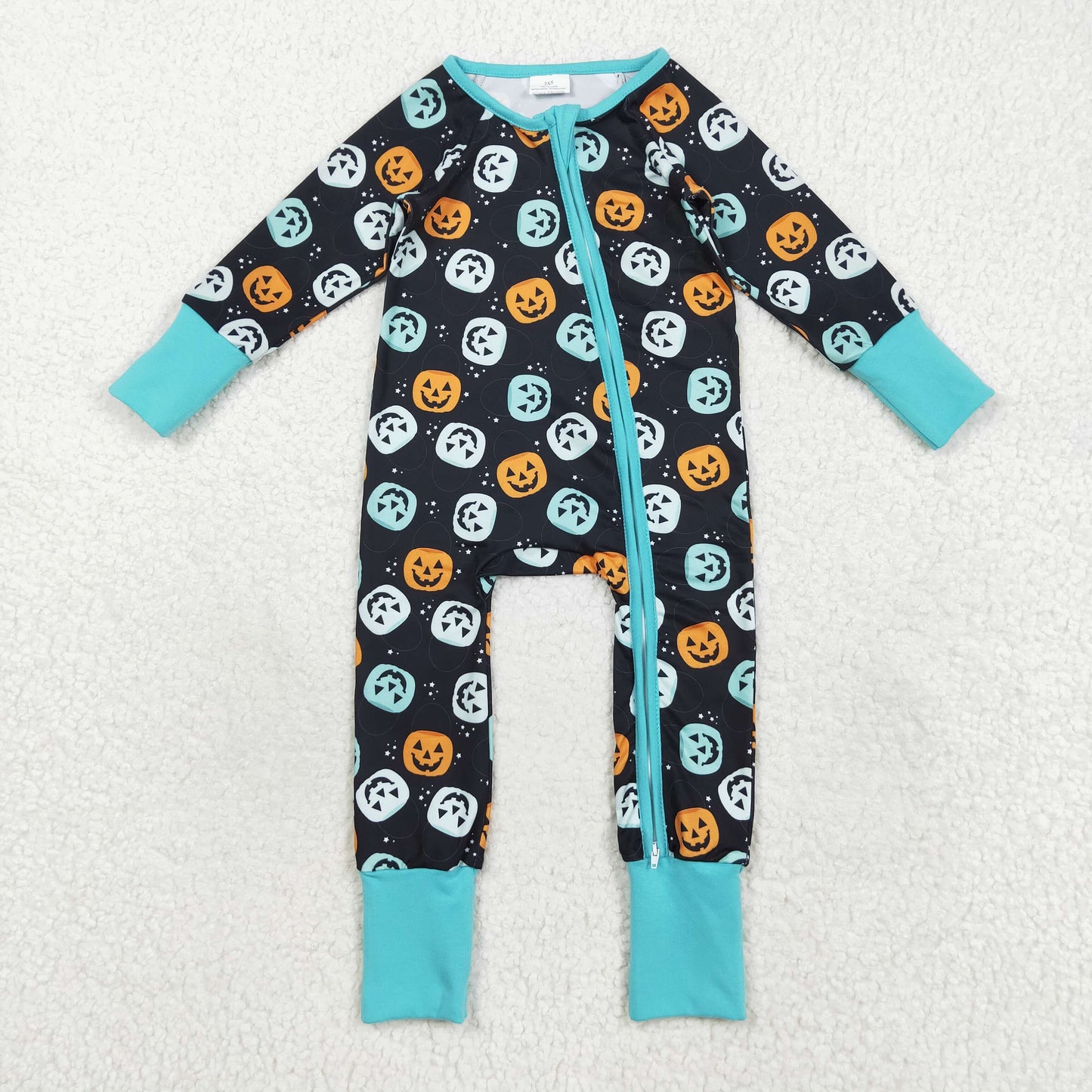 black mint long sleeve Halloween pumpkin zip sleeper