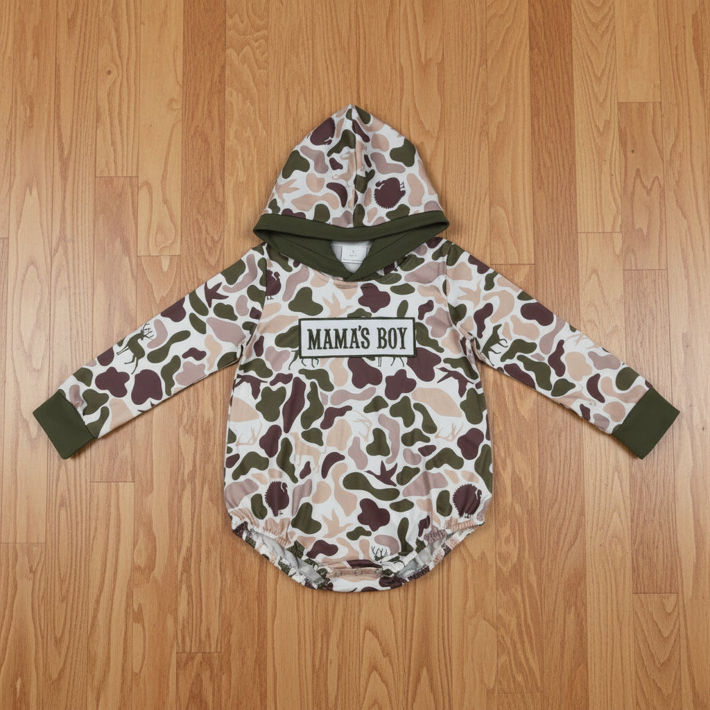 mama's boy embroidery camo hooded romper