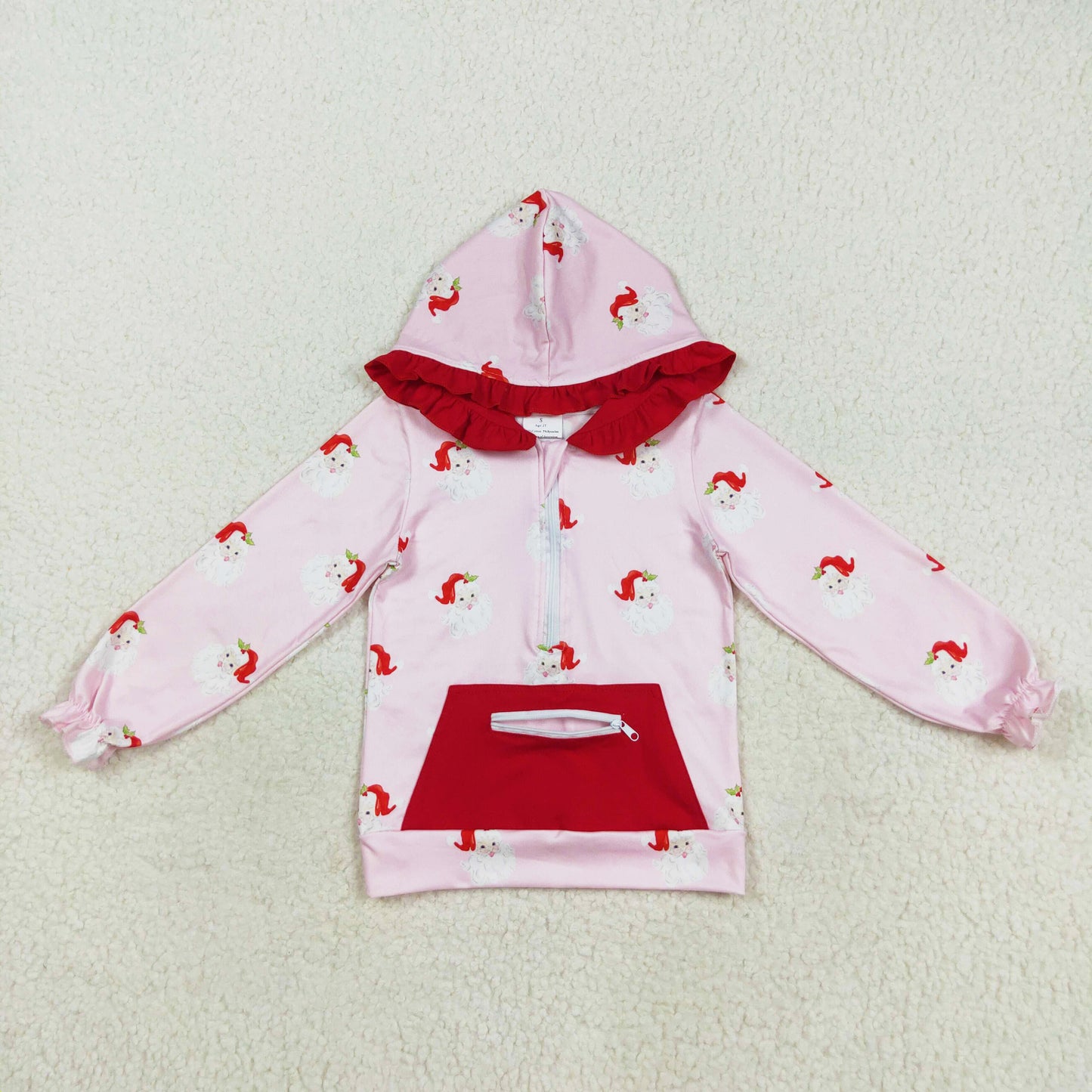 pink santa print zip hoodie top with pocket