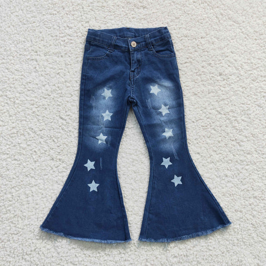 blue bleached bell denim pants with star print