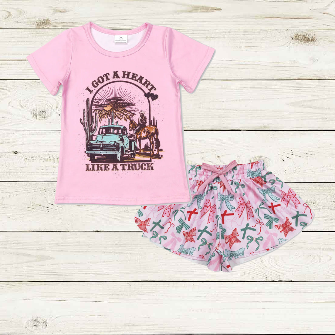 pink tee bow print shorts set
